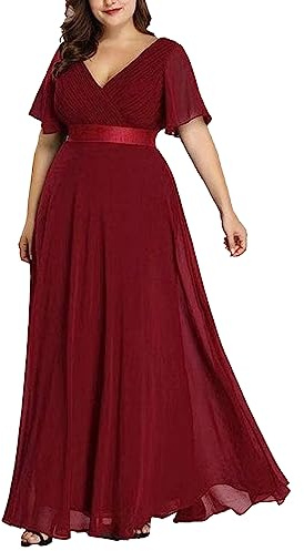ECDAHICC Damen Abendkleider Gürtel V-Ausschnitt Hohe Taille A-Linie Chiffon Brautjungfernkleid Elegant Lang Ballkleid