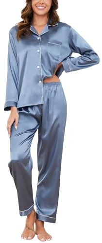 Reliwel Pigiama Donna Estivo Pigiami da Donna Due Pezzi a Maniche Lunghe Pantaloni in Raso Morbidissimo Scollo V Aperto Davanti con Bottoni e Borse Laterali