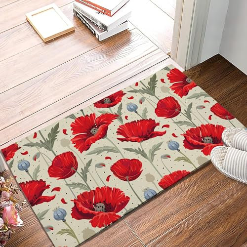SPUNKER Fußmatte, 43,2 x 76,2 cm, rote Mohnblumen, Willkommens-Fußmatte, dekorative Bodenmatte, rutschfeste Rückseite und starke Wasseraufnahme, für Innen- und Außenbereich, Eingangsdekoration