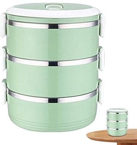 Stackable Stainless Steel Lunch Box 3-Tier Insulated With Handles 2100ML Portable Leak-Proof BPA-Free Bento Box for Adults Work, Picnic - Green, Metal