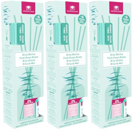 CRISTALINAS | Pack 3 Ambientador Mikado con Varillas | Larga Duración 4 Semanas | 0% Alcohol | 3x30ml (PACK 3, Brisa Marina)