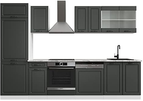Vicco Küchenzeile R-Line, Küchenblock, Anthrazit Landhaus/Weiß, 300 cm, AP Marmor