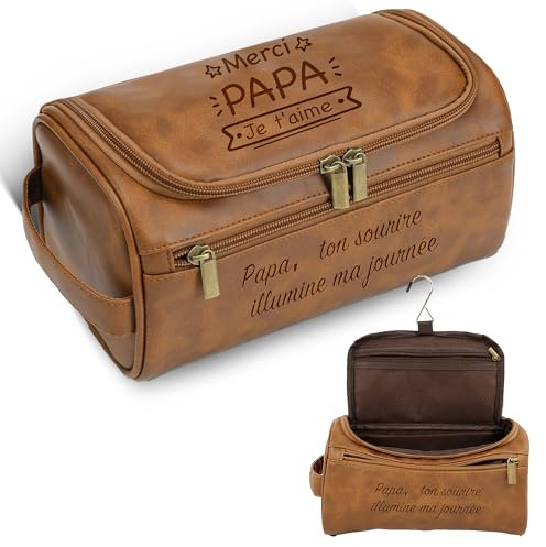 Easycosy Trousse de Toilette Homme Personnalisée -Cadeau Saint Valentin Homme- Sac Organisateuer de Toilette Trousse avec Crochet en Cuir PU pour Voyage Business Idée Cadeau Homme Original Papa Papy