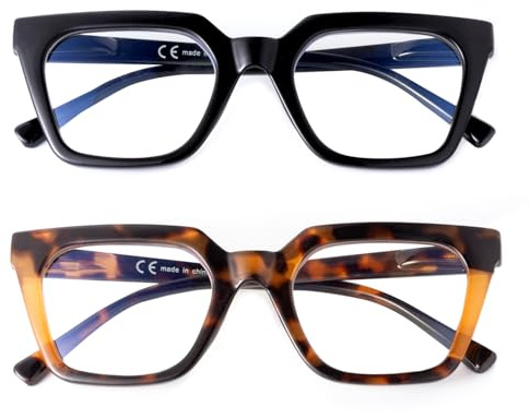 SKYWAY 2 Pack Groß Lesebrille für Damen, Stilvolle übergroße Blaulichtfilter Computerbrille mit Federscharnier, Lesebrille 1.5,Schwarz/Brauner Schildpatt