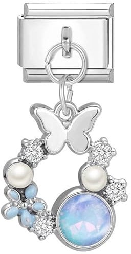 M&S 18K Birthday Rose Gold Silver Evil Eye Dangle Butterfly Hamsa Mum Mom Daughter Stainless Steel 9mm Italian Link Charm Compatible With Nomination Bracelet (Moonstone Butterfly Pearl Bow)