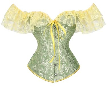 LYSINK Womens Off Shoulder Corset Tops with Lace Sleeve, Tie Front Vintage Floral Boned Overbust, Renaissance Bustier (A-Green, M)