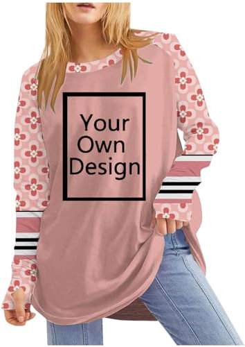 Personalised T Shirt Women Solid Long Sleeve Thumb Sleeve Top Printed T Shirts Custom T-Shirt Print Your Own T-Shirts Print Your Own Sweatshirts Pink