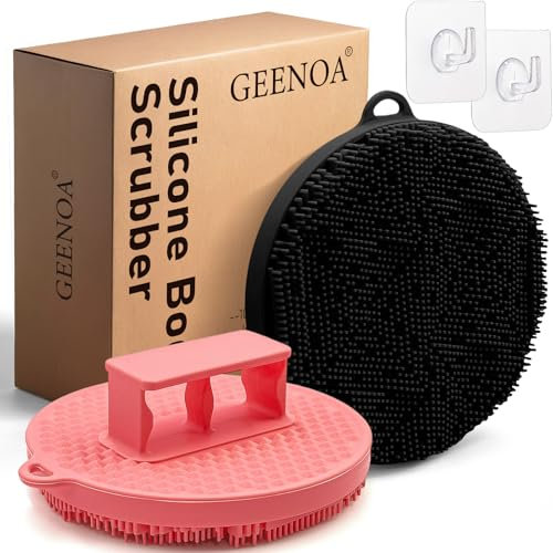 GEENOA Esponja corporal de silicona, 2 piezas, esponja de lufa higiénica de silicona con cerdas onduladas y mango antideslizante, limpiador de ducha duradero para exfoliación suave y espuma (negro +