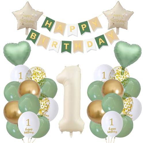 Luftballon 1. Geburtstag Junge Creme Grün Erste Kindergeburtstag Geburtstagsdeko 1 jahr Mädchen Junge Happy Birthday 1 jahre