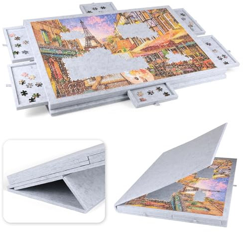 Ruication Tilting Jigsaw Puzzle Board 2-in-1 Designed Stand & Cover Lightweight Felt Jigsaw Board 1000 Pieces Portable Jigsaw Puzzle Table with 6 Drawers for Games Adults Kids Gift