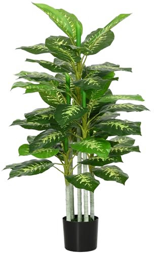 HOMCOM Künstliche Dieffenbachie groß 120 cm Kunstpflanze, Künstliche Pflanzen Dieffenbachie im Topf, Kunstbaum wie echt mit Kunstgras für Wohnzimmer Schlafzimmer Deko Garten