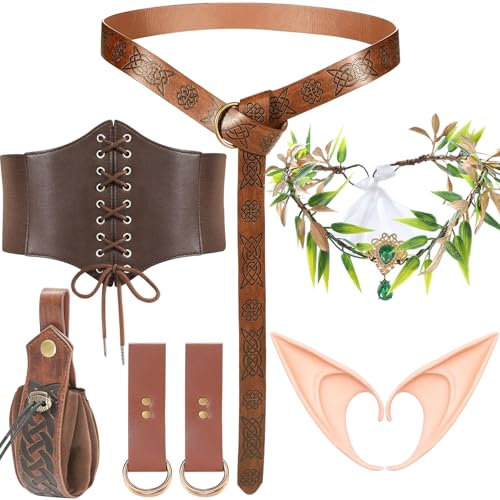 Saier tbo 7 Stück Mittelalter KleidungSet für Damen, Mittelalterliche Accessoires Set mit Hängeringe Gürtel Tasche braunes Hüftsiegel Kranz Elfenohren für Nekromanten Anzug Cosplay Halloween Karneval