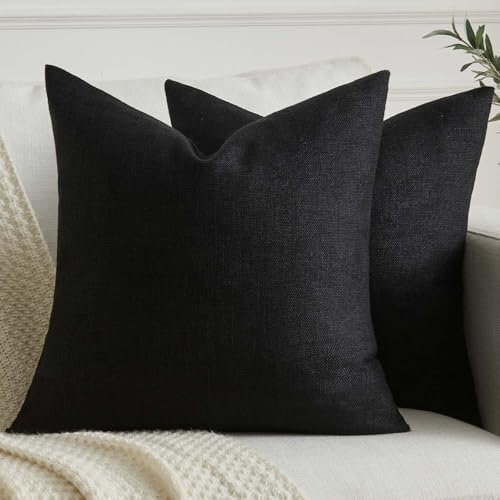 Kiatuniya Kissenbezug 45x45 cm Schwarz Boho Kissen Dekokissen Sofakissen Modern Kissenhülle Leinenoptik Einfarbig Landhausstil Herbst kissenbezüge für Bett Wohnzimmer Schlafzimmer 2er Set