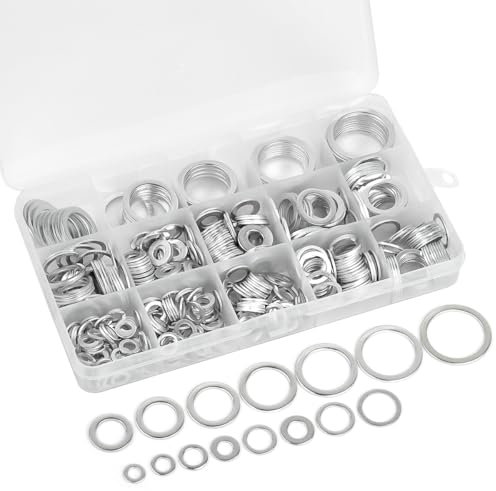 BATINO 490 Stück Unterlegscheiben aus Aluminium, Ölablassschraube Dichtring Set Alu, Verschlussdichtungen, Flachdichtungsset, Metrische Dichtungen 15 Größen für Reparatur Hydraulik Autos Sanitär