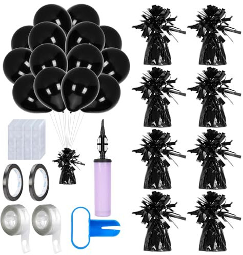 8PCS Heavy Balloon Weights, Helium Balloon Weights, With 50Pcs Balloons, 1 Air Pump, 1 Knot Tying Tool, 2 Rolls Ribbon, 2 Roll Arch Strip & 200 Glue Dots, Balloons Accessory for Celebrations (Black)