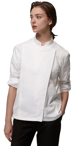Guolamy Kochjacke Damen Langarm Kurzarm Professionelle Kochkleidung mit Reißverschluss 2947W(lange Ärmel-Weiß,M