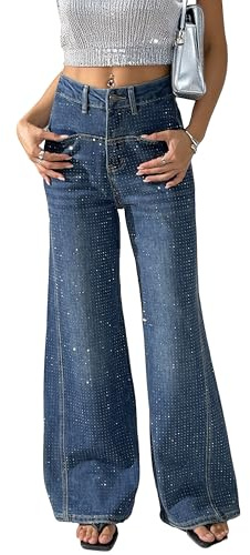 Damen-Jeans mit Strass, Perlen, weites Bein, glitzernd, glänzende Pailletten, Party, Nachtclub, Denim-Hose