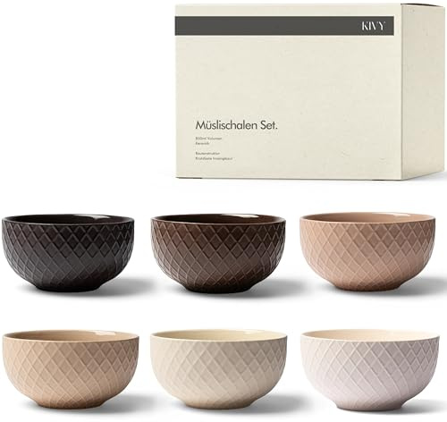 KIVY frukostskålar keramik – 6 x 850 ml – stora skålar för müsli och soppor | Soppskål – skål stor – müsliskålar – soppskålar set – skålar set – müsliskål keramisk – brun