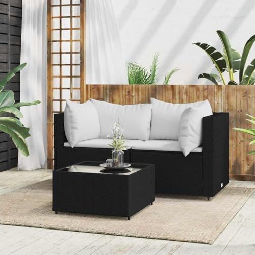 Teenpull Salon de jardin 3 pièces en polyrotin noir avec coussins, table basse en verre trempé pour patio, balcon et jardin