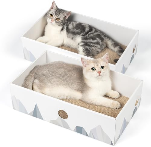 Conlun Katzen Kratzbrett, Kratzpappe mit Box, 2 Stück, Groß, Weiß | Box sammelt Kratzreste | Katzenmöbel & Kratzbett Für Wohnungskatzen | Möbelschutz | Beidseitige Kratzpappe | Katzenminze