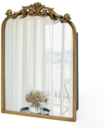 Awhtixbo Baroque Style Antique Gold Mirror Cabinet,Vintage Wall Mirror Cabinet with Resin Flowers, 40x60cm Iron Frame Bathroom Storage & Decor, Retro Hanging Cabinet 38x43x10cm
