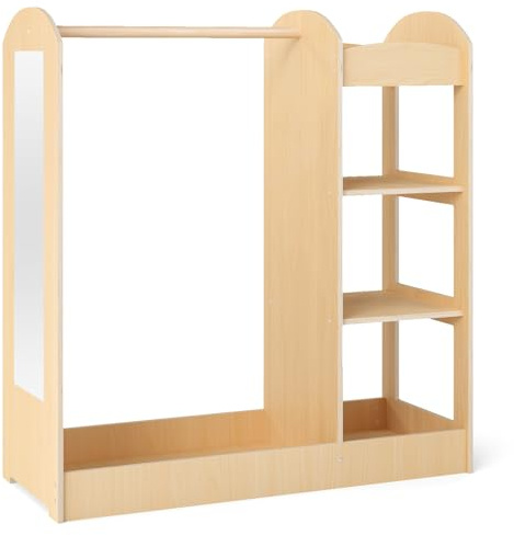FANTASK Kindergarderobe Kleiderständer, Holz Kleiderschrank mit Spiegel sowie 4 Ablagen Kleiderbügel, multifunktionales Kinder Garderobenregal für Kinderzimmer Spielzimmer, Natur