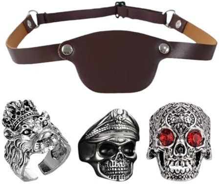 OIXYEY 3 Stück Ring Mit Totenkopf Und Gekreuzten Knochen, 1 Piraten-Augenklappe,Schmuck, Pirat, Seeräuber, Karneval, Mottoparty, Piratenkostüm Herren,Pirate Accessories,Jack Sparrow Kostüm