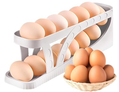 Egg Dispenser Automatic Rolling Egg Tray Organizer, Space Saving Side Door Refrigerator Egg Roller Basket, Suitable for Kitchen, Cabinets, Dining Table, White
