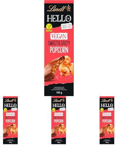Lindt Schokolade | HELLO Tafel Vegan Sweet & Salty Popcorn | 100g | vegane Schokolade mit gesalzenen und süßen Mais-Popcorn-Stückchen | vegane Schokoladen-Tafel (Packung mit 4)
