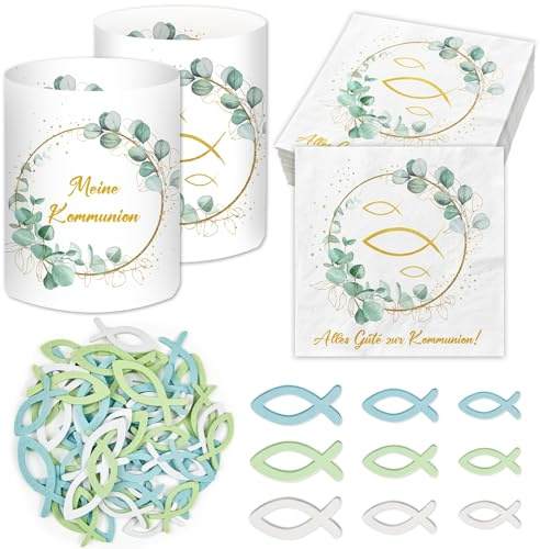 20 Stück Servietten Konfirmation + 60 Holzfische Streudeko + 12 Windlicht Tischdeko, Meine Konfirmation Deko Mädchen Junge Eukalyptus Grün, Party Geschenke Gastgeschenke, Konfirmationsgeschenk