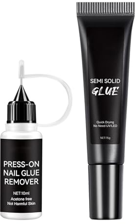 Semi Solid Nail Glue Kit - Quick Dry Press On Nail Glue No UV Lamp Needed, Long Lasting Nail Glue Gel for Fake Nails, with Easy Remover, Nail Tips & Acrylic Nails