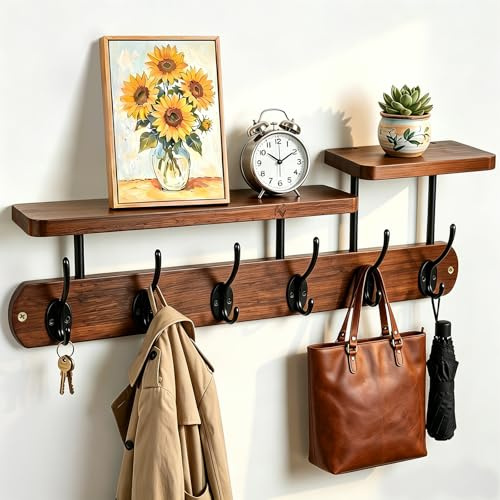 Qivra Garderobenhaken Holz, 59 * 18cm Wandgarderobe mit 6 Haken und Ablage, 4in1 Große Garderobenleiste Holz Vintage, Wandgarderoben für Flure/Garderoben/Schlafzimmer/Bad