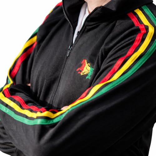 SAVARI Chaqueta Deportiva Rasta con Cremallera – Sudadera Track Jacket Negra con León de Judá Bordado y Rayas Tricolor (Verde, Amarillo, Rojo) – Estilo Retro Reggae Unisex