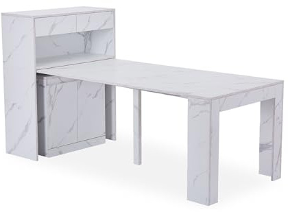 Menzzo Console Extensible Fontano Effet marbre Blanc – Table Console avec Rangement – Meuble Extensible Transformable en Table à Manger – Design Moderne Gain de Place