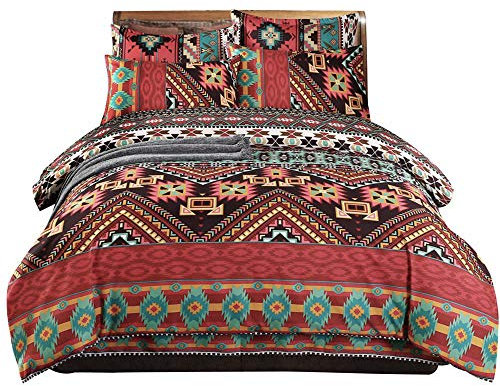 Loussiesd Rot Geometrisch Boho-Stil Bettwäsche Set 200x200 cm + 80x80 cm 3 teiligs Indischen Exotischen Ethnischen Betten Set mit 2 Kissenbezug Super Microfaser Bettbezug Bohemian, Pärchen Damen