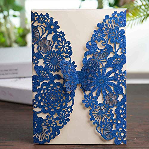 FLZOPYNE Biglietti per inviti di nozze glitter blu royal con 20x disegni di fiori in pizzo a farfalla tagliati al laser per bomboniere per feste di compleanno (set di 20 pezzi)