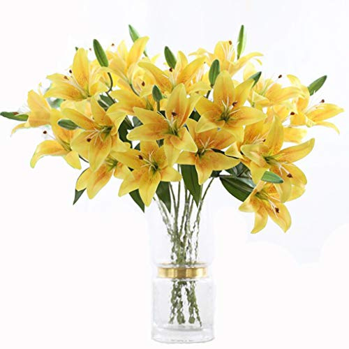 LNHOMY Künstliche Lilien, Kunstblumen, volle Blüte, Latex, fühlen sich echt an, mit 3 Köpfen, für Hochzeit, Party, Dekoration, Heimdekoration, 6 Stück, Gelb