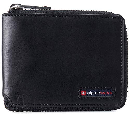 alpine swiss Logan Herren RFID Safe Zip Around Wallet Rindsleder Reißverschluss Bifold mit Geschenkbox Schwarz