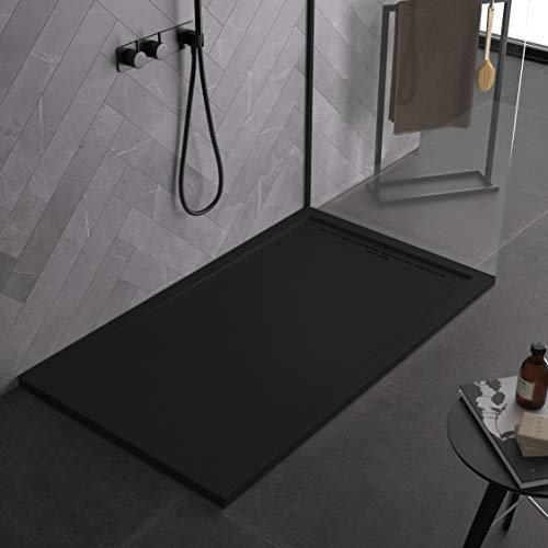 Plato de ducha negro, diseño moderno, modelo Oviedo, de piedra mármol y resina con efecto pizarra, luxury, gelcoat, slim 3 cm 70 x 130