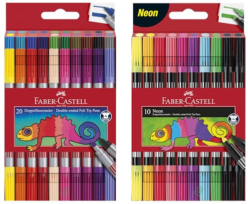Faber-Castell 151119 - Filzstifte Set 20-teilig, Doppelfasermaler für Kinder und Erwachsene (20er + 10er Neon Set)