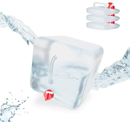 Relaxdays Bidón Plegable, Grifo & Tapón de Rosca, Garrafa de Camping, Sin BPA, 15L, 4 Uds., Transparente & Rojo