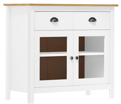 vidaXL Kiefernholz Massiv Sideboard mit 2 Schubladen 2 Glastüren Kommode Beistellschrank Schrank Anrichte Mehrzweckschrank Weiß 90x40x80cm