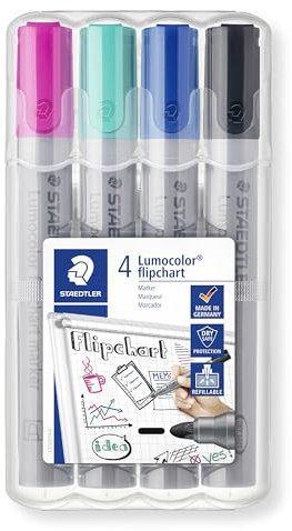 STAEDTLER flipchart Marker Lumocolor, farbintensive, schnelltrocknende, geruchsarme Tinte, schlägt nicht durch Papier durch, 4 flipchart Marker in aufstellbarer STAEDTLER Box, 356 WP4-1
