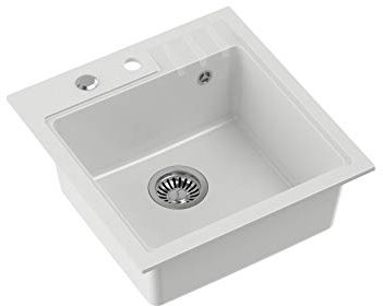 VBChome Spüle 52 x 50 cm Weiß Tiefes Becken 20cm Küche Einbauspüle Gesprenkelt Verbundspüle Küchenspüle Einzelbecken Einbauspüle Verbundspüle + Siphon