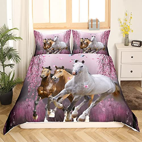 Homemissing Bettwäsche-Set für Jungen und Mädchen, Kirschblüten, Steed, Bettwäsche für Jugendliche, Bettbezug Pferd im Galop, 3D, Bettbezug 140 x 200 cm