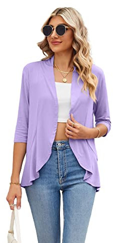 Famulily Women's Lightweight 3/4 Sleeve Cardigans, Flowy Loose Coverups Dusters Spring Summer Blazers Cardigans (L, Purple)