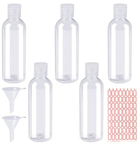 5 Sets 100ml Plastic Bottles Empty Travel Bottles Clear Refillable Plastic Travel Bottles for Liquids Flip Cap Bottles with 2 Pcs Small Funnel and 24pcs Labels for Travel or Cosmetic
