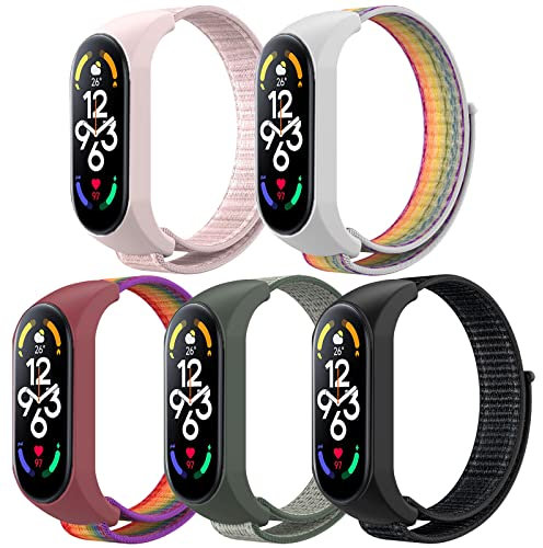5 Pièces Bracelets Nylon Compatible avec Xiaomi Mi Band 7 / Xiaomi Mi Band 6 / Xiaomi Mi Band 5 / Amazfit Band 5, Bracelet Tissu de Remplacement pour Montre Mi Band 7 et Mi Band 6 et Mi Band 5