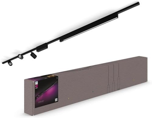 Philips Hue Perifo Railverlichting Plafond 3-spots en 1 Lichtbalk - Basisset - 1 en 1,5 Meter Rails - Wit en Gekleurd Licht - Dimbaar - Verbind met Bluetooth of Hue Bridge - Zwart