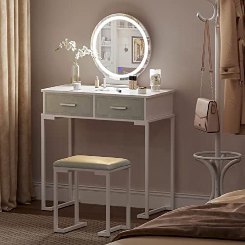Jooli H Dressing Table with Mirror and Stool, Vanity Desk with 3 Adjustable LED Lights and 2 Drawers for Bedroom, White